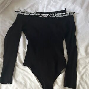 Black Off-Shoulder Bodysuit with Lace Trim